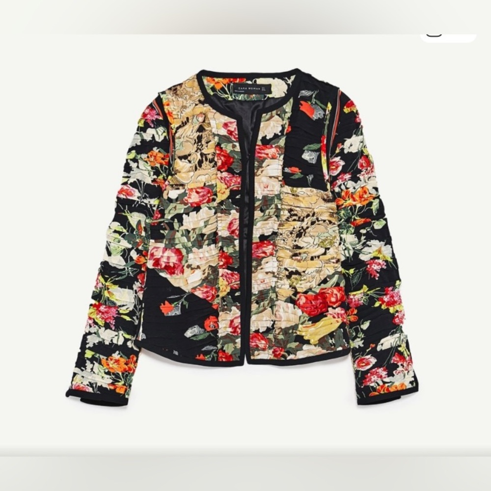Zara Floral Patchwork Black Multicolor Blazer Jacket - Picture 4 of 9